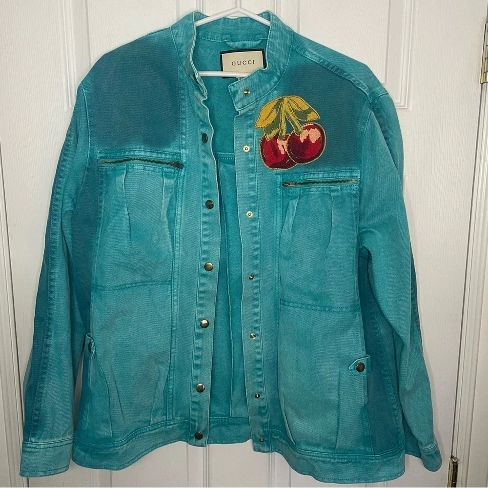 Gucci Turquoise Denim Cherry Embroidered Jacket Made in Italy Small - Picture 3 of 11